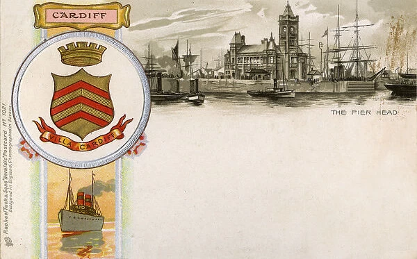 The Coat of Arms of Cardiff and view of the Pier Head