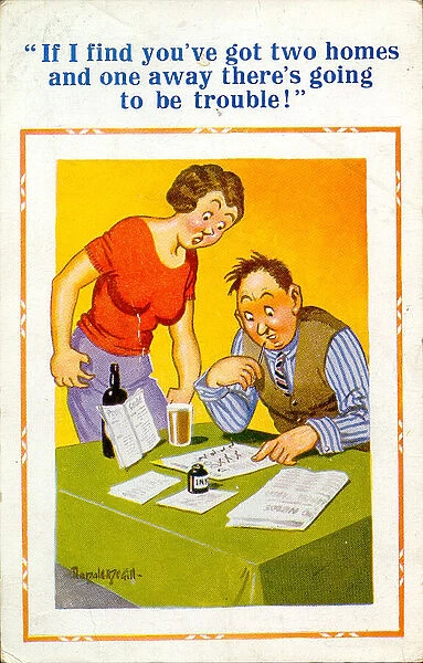 Comic postcard, Couple doing the football pools Date: 20th century