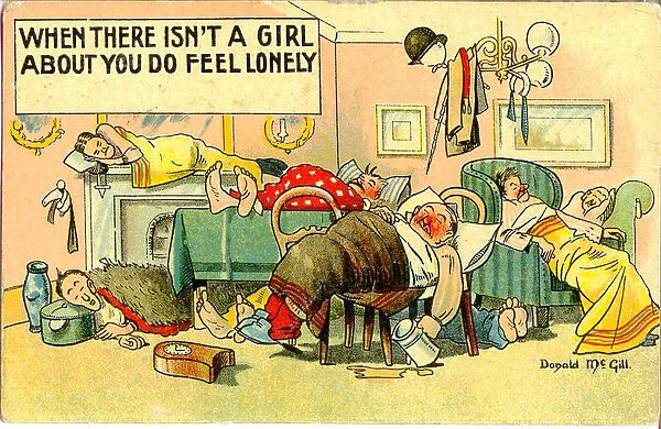 Comic postcard, Crowded hotel room in a seaside hotel Date: 20th century