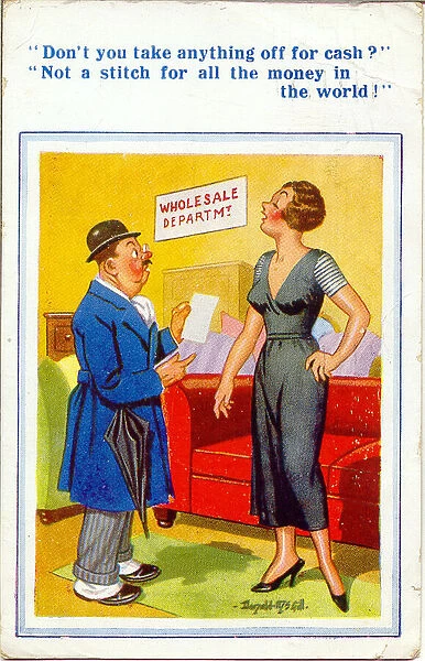 Comic postcard, Customer in Wholesale Department hoping for a cash discount Date
