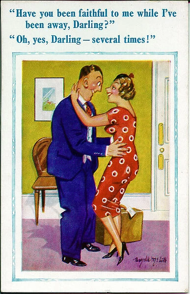 Comic postcard, Husband returns home to wife Date: 20th century