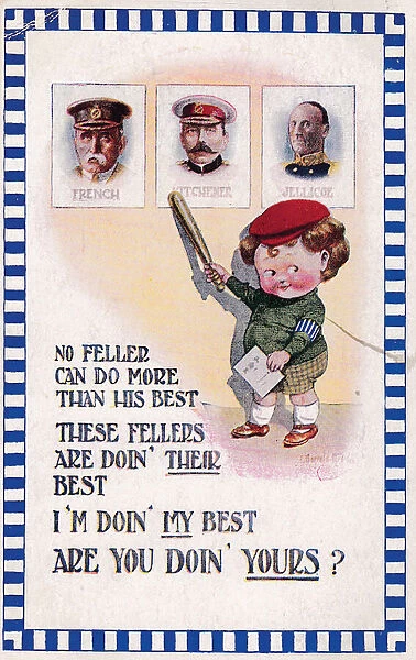 Comic postcard, Little boy and Allied leaders, WW1 - French