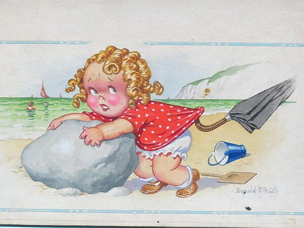 Comic postcard, Little girl clinging to rock on the beach. I don t want to leave