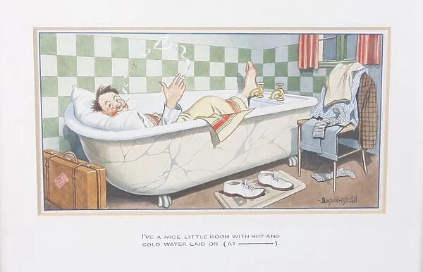 Comic postcard, Man in bath at seaside hotel