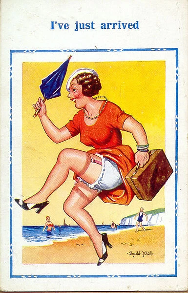 Comic postcard, Pretty woman dancing on the beach - just arrived Date: 20th century