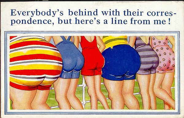 Comic postcard, A row of six bottoms in swimsuits at the seaside Date: 20th century