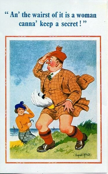 Comic postcard, Scotsman on a windy day