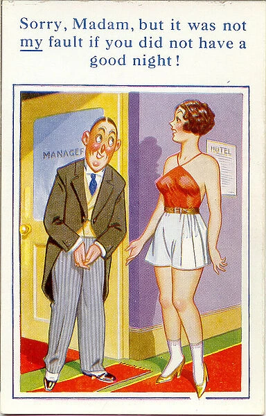 Comic postcard, Woman complains to hotel manager Date: 20th century