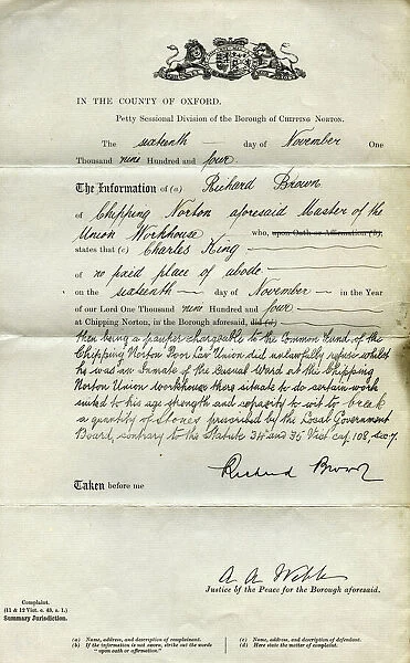 Complaint by Workhouse Master at Chipping Norton, Oxfordshir