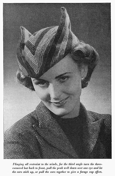 Three cornered knitted hat, circa 1941