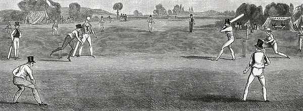 A county cricket match in progress in costumes of the period