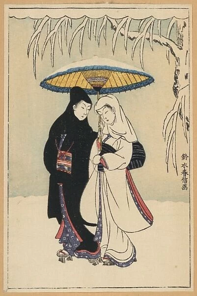 Couple under umbrella in the snow (crow and heron)