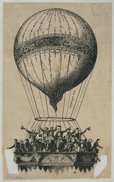 Crowd of passengers wave from basket of ascending balloon