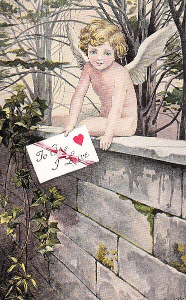 Cupid with envelope on a Valentine postcard