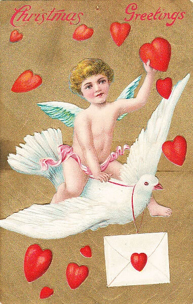 Cupid with red hearts on a Christmas postcard