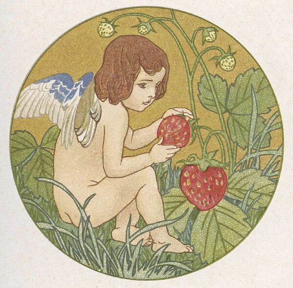 Cupid with strawberries in a garden