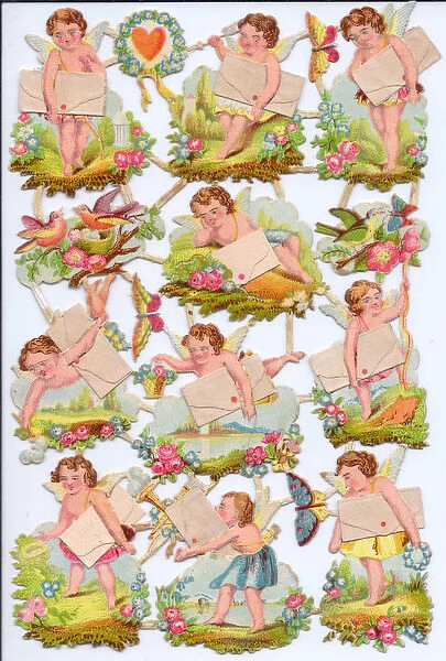 Cupids and flowers on a sheet of Victorian Valentine scraps