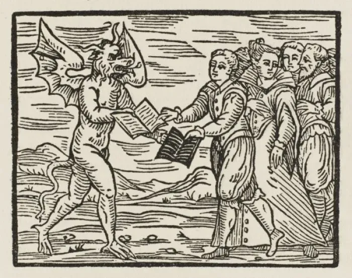 Framed Print : Mary Evans Print of The Devil Exchanges Copies Framed Print : Mary Evans Print of The Devil Exchanges Copies