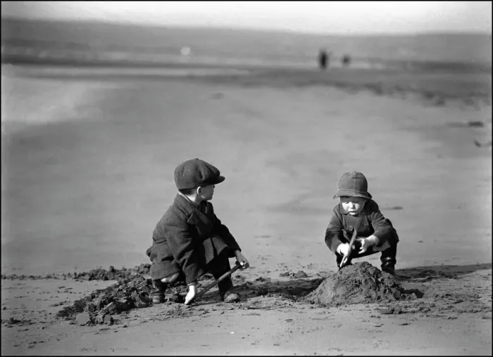 Framed Print : A Devon Beach Scene Print: Two Boys Building a Sandcastle Framed Print : A Devon Beach Scene Print: Two Boys Building a Sandcastle