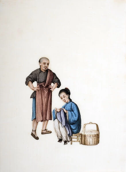 Drawing of Chinese seamstress sewing, bound feet