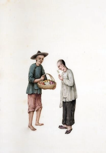 Drawing of Chinese street flower seller