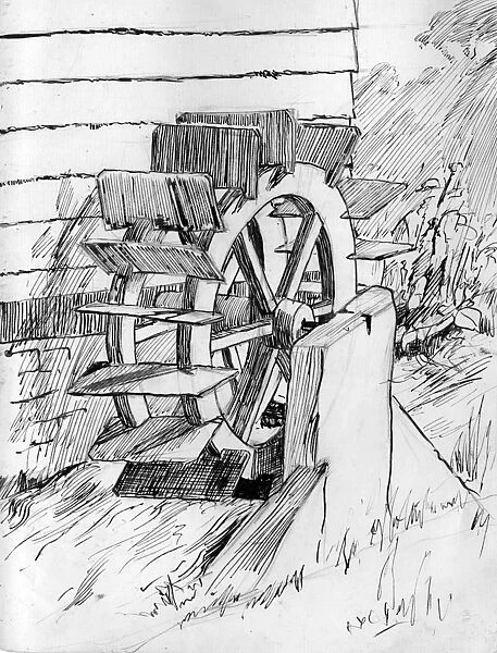 Drawing by Harold Auerbach, waterwheel and stream