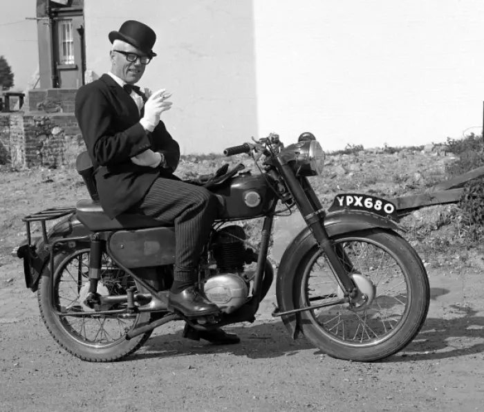 Framed Print : Well Dressed Man on a Motorcycle Print Framed Print : Well Dressed Man on a Motorcycle Print