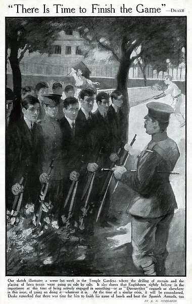 Drilling recruits in Temple Gardens, London, WW1