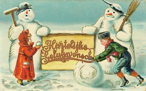 Two Dutch children with two snowmen