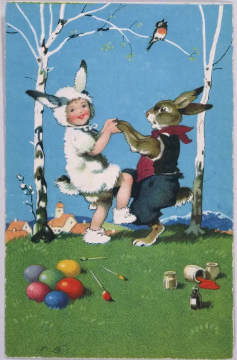 Framed Print : Easter Bunny Print with Child and Coloured Eggs Framed Print : Easter Bunny Print with Child and Coloured Eggs