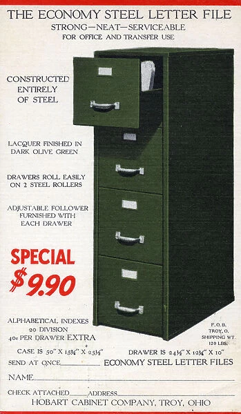 The Economy Steel Letter File - Filing Cabinet - produced by Hobart Cabinet Company, Troy, Ohio, USA (established in 1907). Strong, Neat and Serviceable for Office and Transfer use. Date: circa 1923
