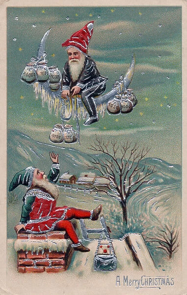 Two elves delivering money on a Christmas postcard