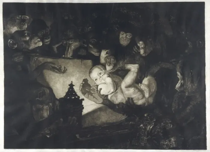 Framed Print : Print of Evolution: Apes Admire Human Baby Framed Print : Print of Evolution: Apes Admire Human Baby