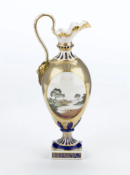 Ewer made from porcelain, painted in gold and blue on a white ground with