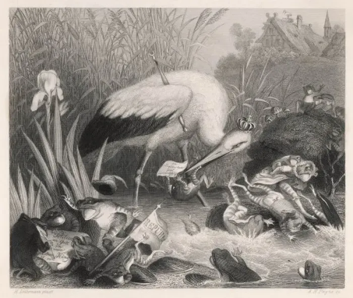 Framed Print : Fable Print: King Stork Devours Frogs Framed Print : Fable Print: King Stork Devours Frogs