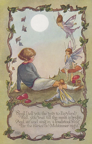 Fairyland. Young girl in conversation with fairies under a full moon