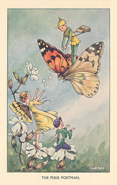 Fairyland. The Pixie Postman. A fairy postman riding on a butterfly