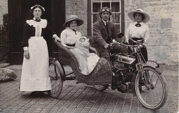 Family on a 1910 Victoria motorcycle & sidecar