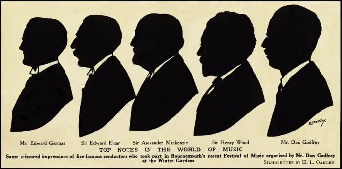 Framed Print : Five Famous Conductors in Silhouette Print, Bournemouth 1922 Framed Print : Five Famous Conductors in Silhouette Print, Bournemouth 1922