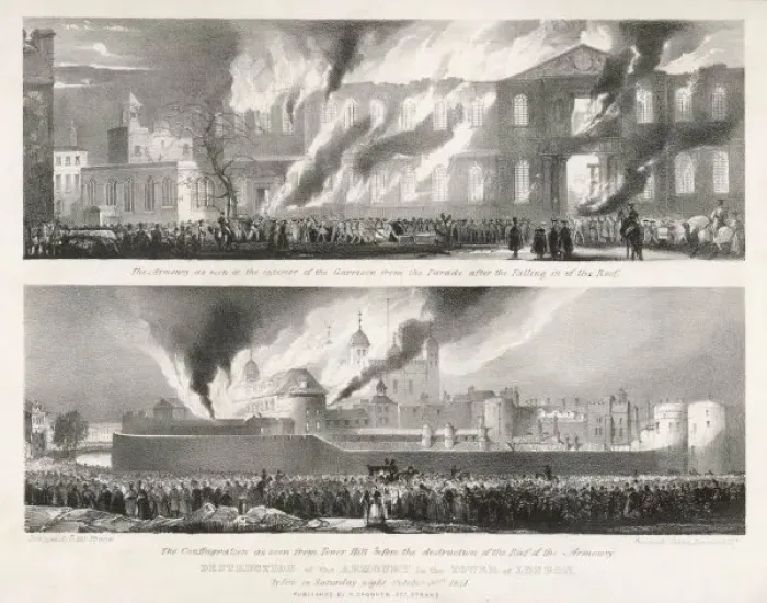 Framed Print : Print of Fire at the Tower 1841 Two Views Framed Print : Print of Fire at the Tower 1841 Two Views