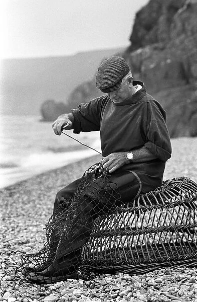 Fisherman, wicker lobster pot, Seaton