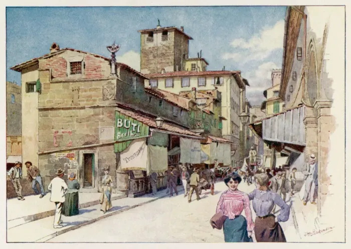 Framed Print : Florence Ponte Vecchio Print - Shops and Passers-by on the Bridge