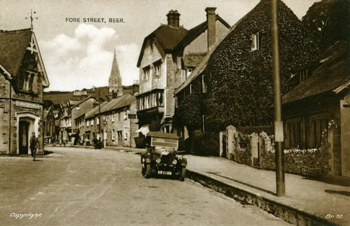Framed Print : Fore Street, Beer, Devon Print with Vintage Bullnose Morris Car Framed Print : Fore Street, Beer, Devon Print with Vintage Bullnose Morris Car