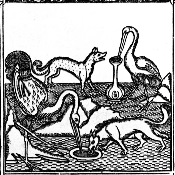 Framed Print : 15th Century Print of The Fox and the Stork, Aesop's Fable Framed Print : 15th Century Print of The Fox and the Stork, Aesop's Fable