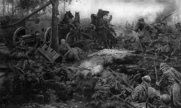 French soldiers, with bayonets fixed, capture a German Field