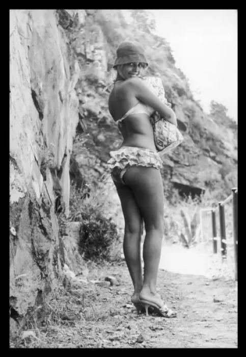 Framed Print : Frilly Bikini Print: 1960s Cliffside Summer Scene Framed Print : Frilly Bikini Print: 1960s Cliffside Summer Scene