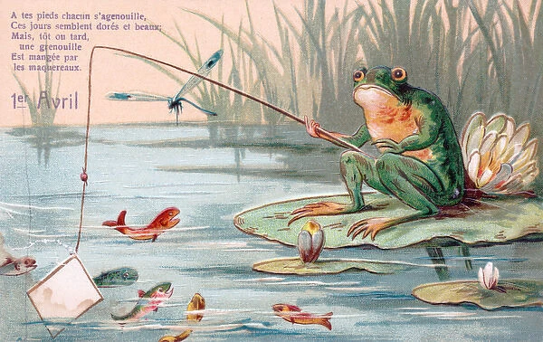 Frog fishing on a French April Fool postcard