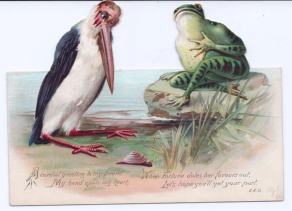 Frog and stork on a cutout Christmas card