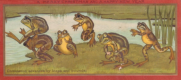 Frogs playing leapfrog on a Christmas and New Year card