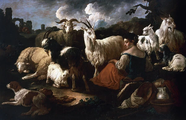 George Romney (1734-1802). Shepherdess with goats and sheep
